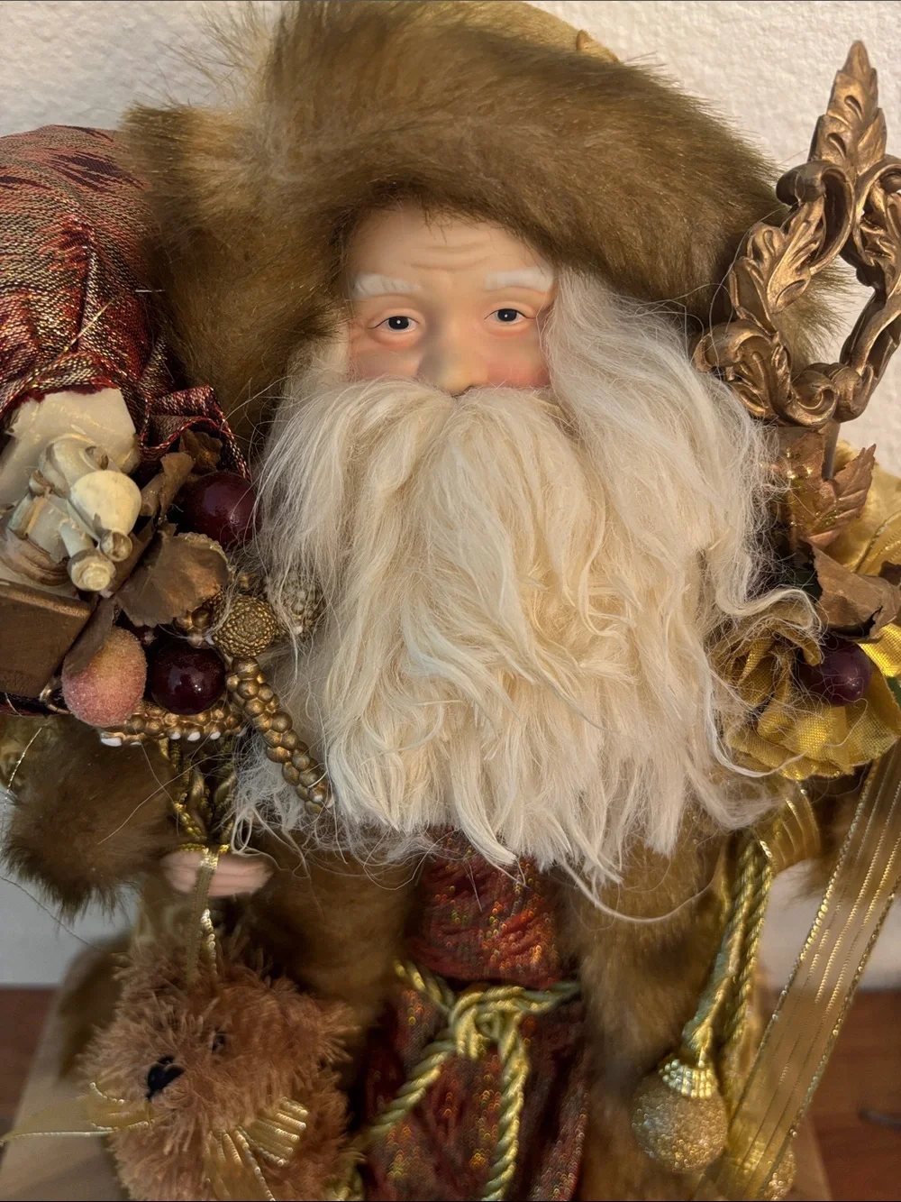 Vintage-Inspired golden color Fur Santa Figurine Holiday Decor